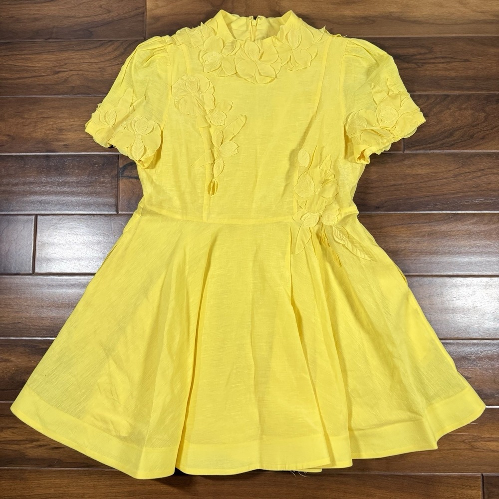 Antonio Melani Women's Size 12 Yellow Floral Appliqué‎ Iris Linen Mini Dress
